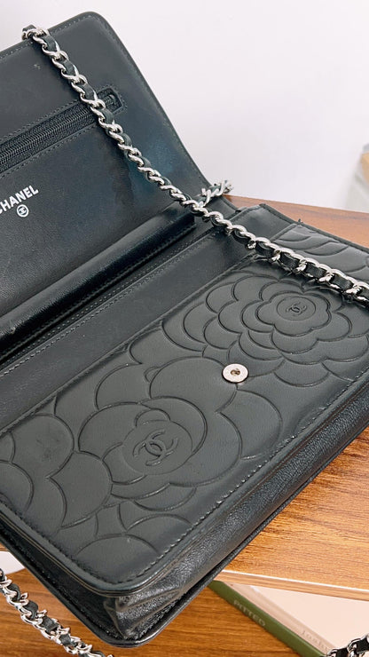 Chanel Black Camellia Embossed Lambskin WOC (SHW)
