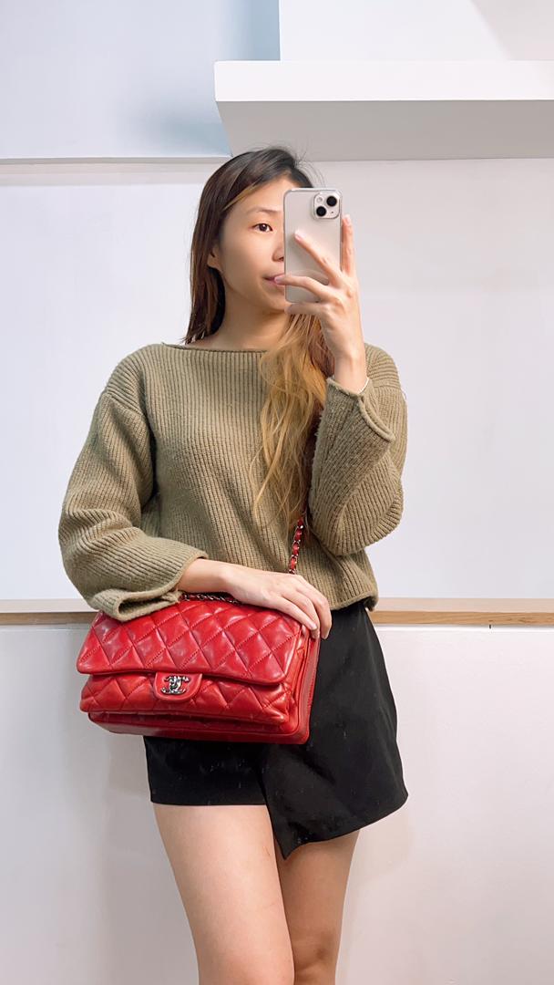 Chanel Red Lambskin Jumbo Accordin Flap (Shw)