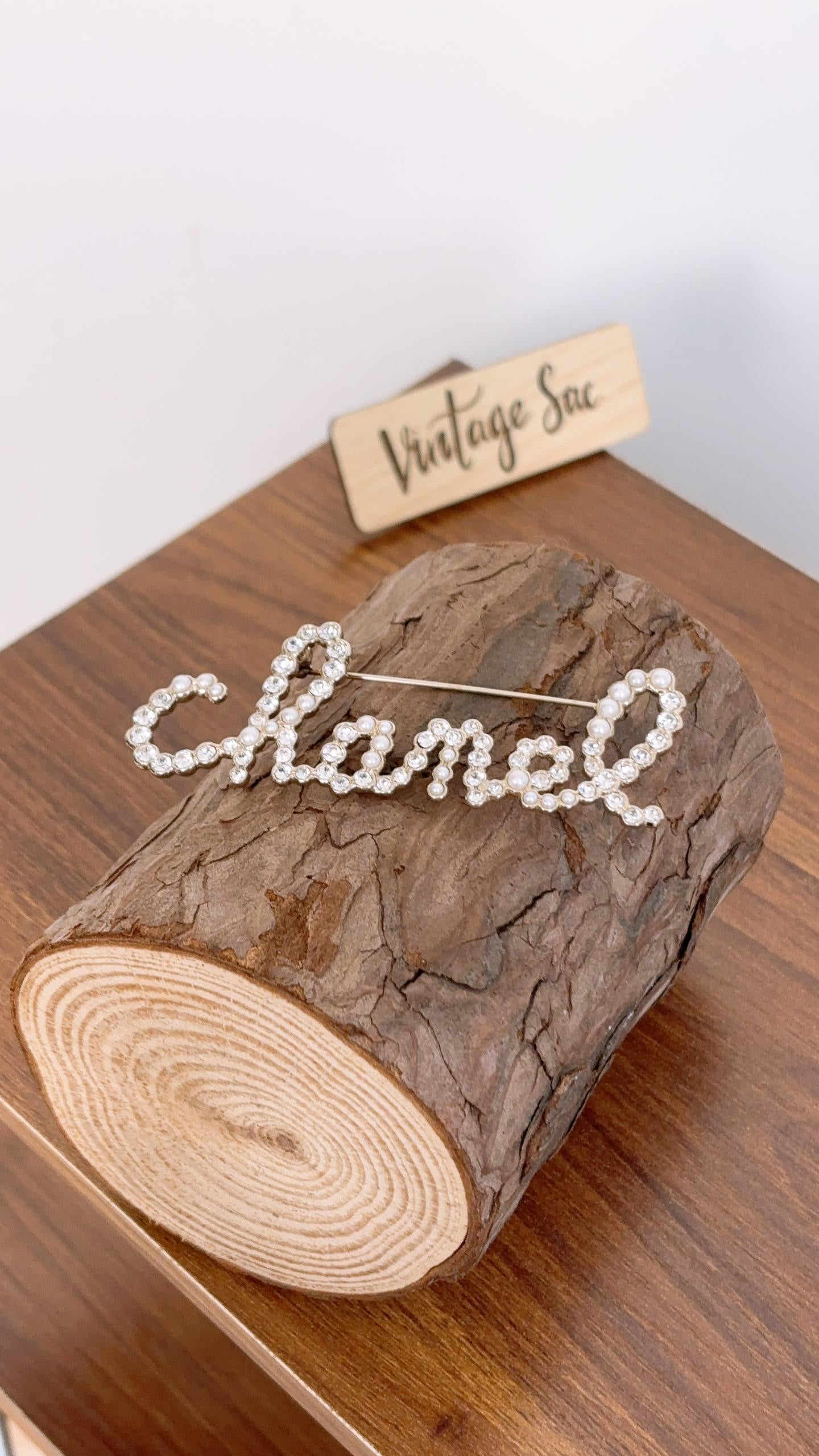 Chanel Light Gold Script Pearl Diamante Brooch