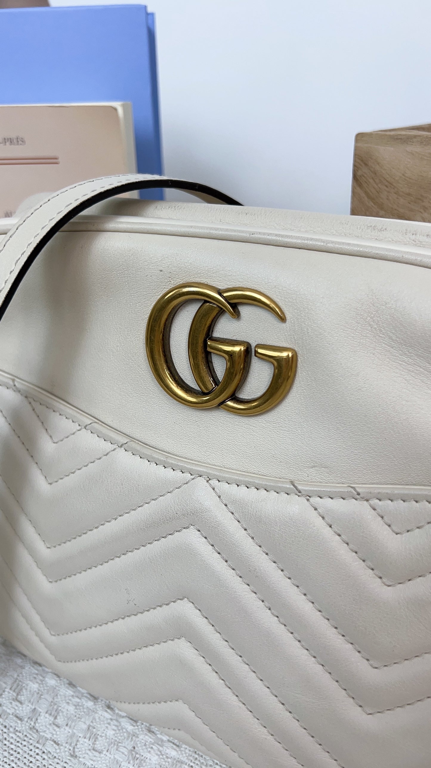 White Calfskin Medium Marmont Camera Bag GHW
