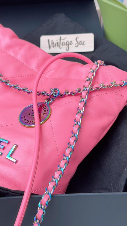 Chanel Pink Shiny Calfskin Mini 22 Bag with Rainbow Hardware