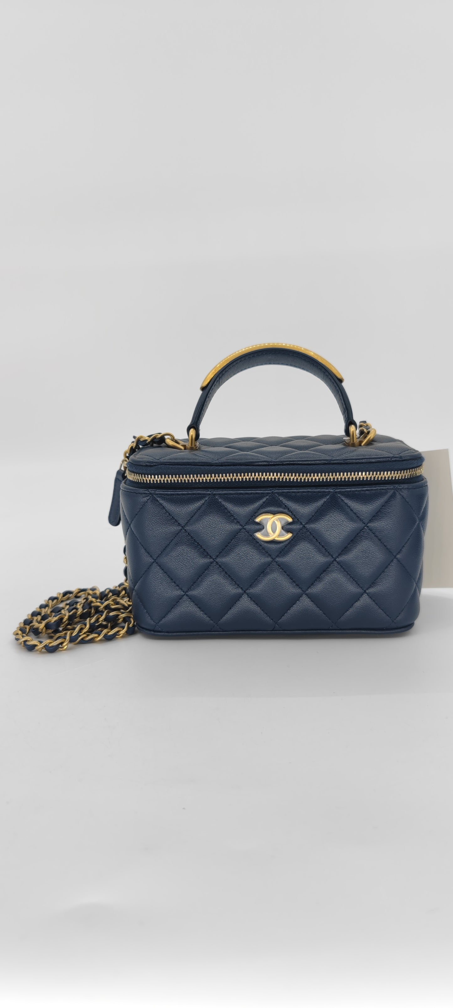 Chanel Navy Blue Lambskin Vanity with Top Handle GHW
