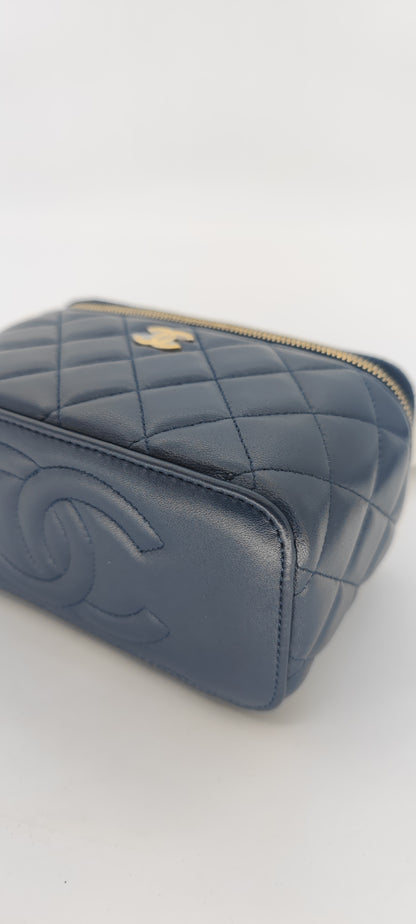 Chanel Navy Blue Lambskin Vanity with Top Handle GHW