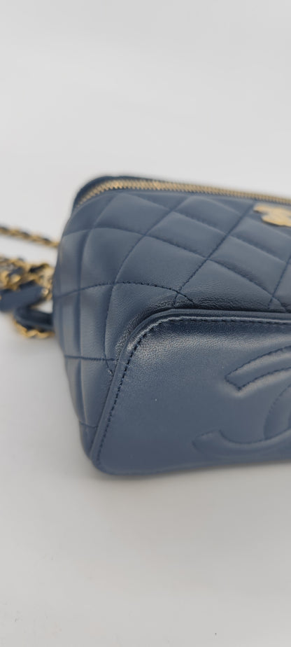 Chanel Navy Blue Lambskin Vanity with Top Handle GHW