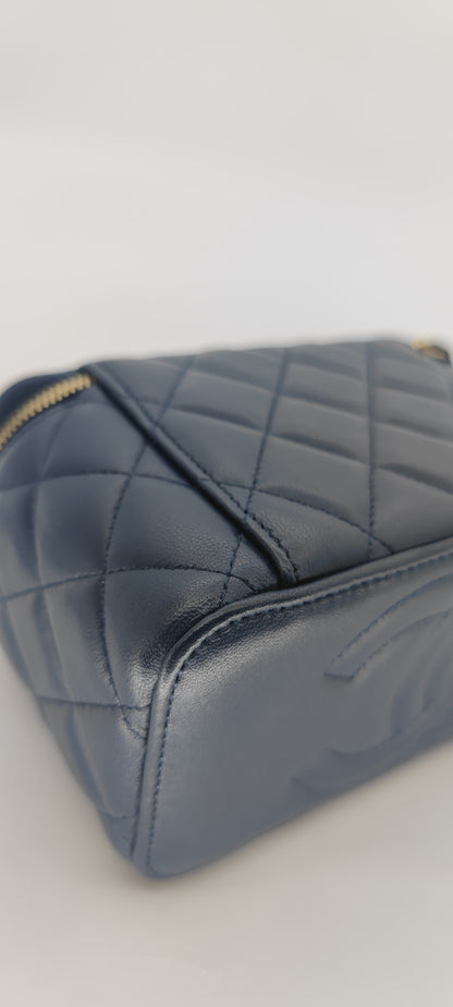 Chanel Navy Blue Lambskin Vanity with Top Handle GHW