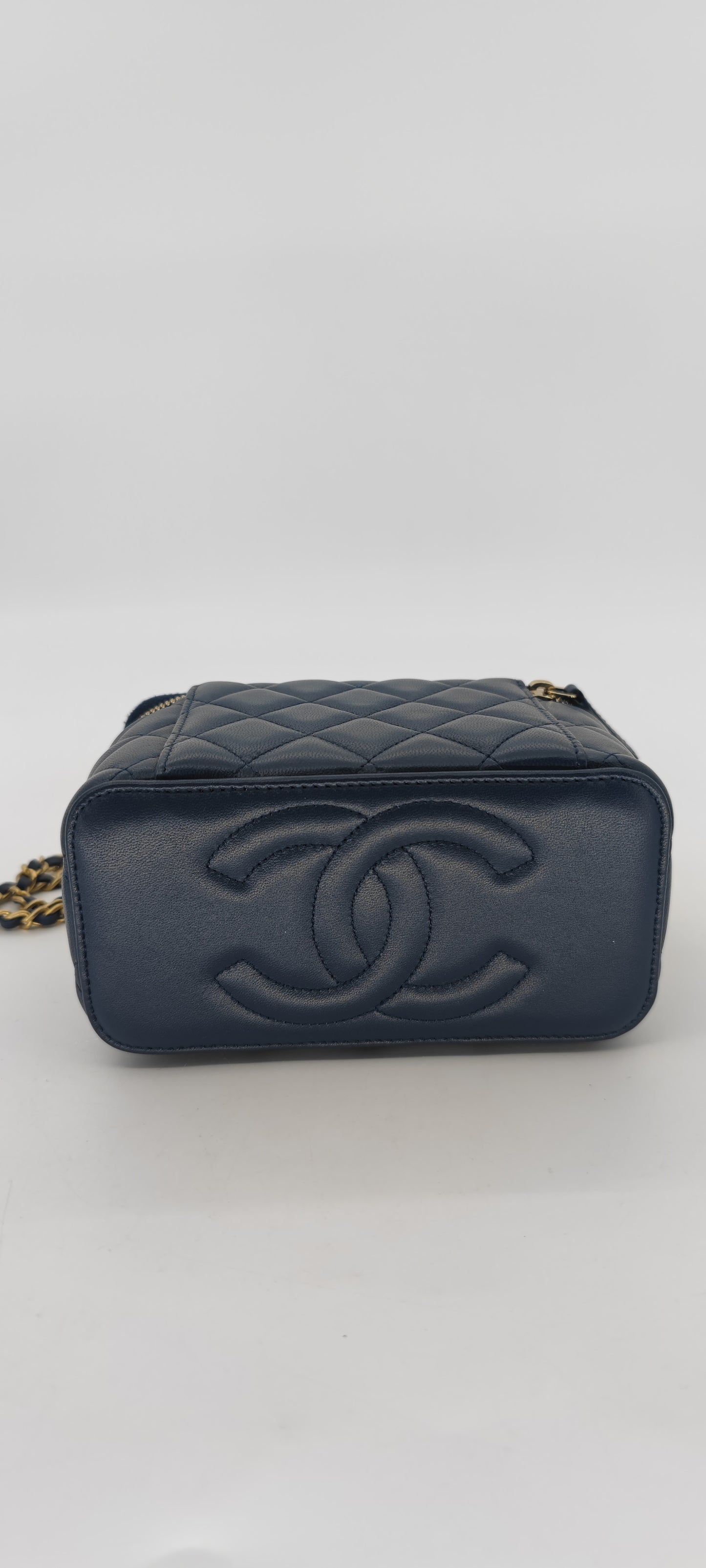 Chanel Navy Blue Lambskin Vanity with Top Handle GHW