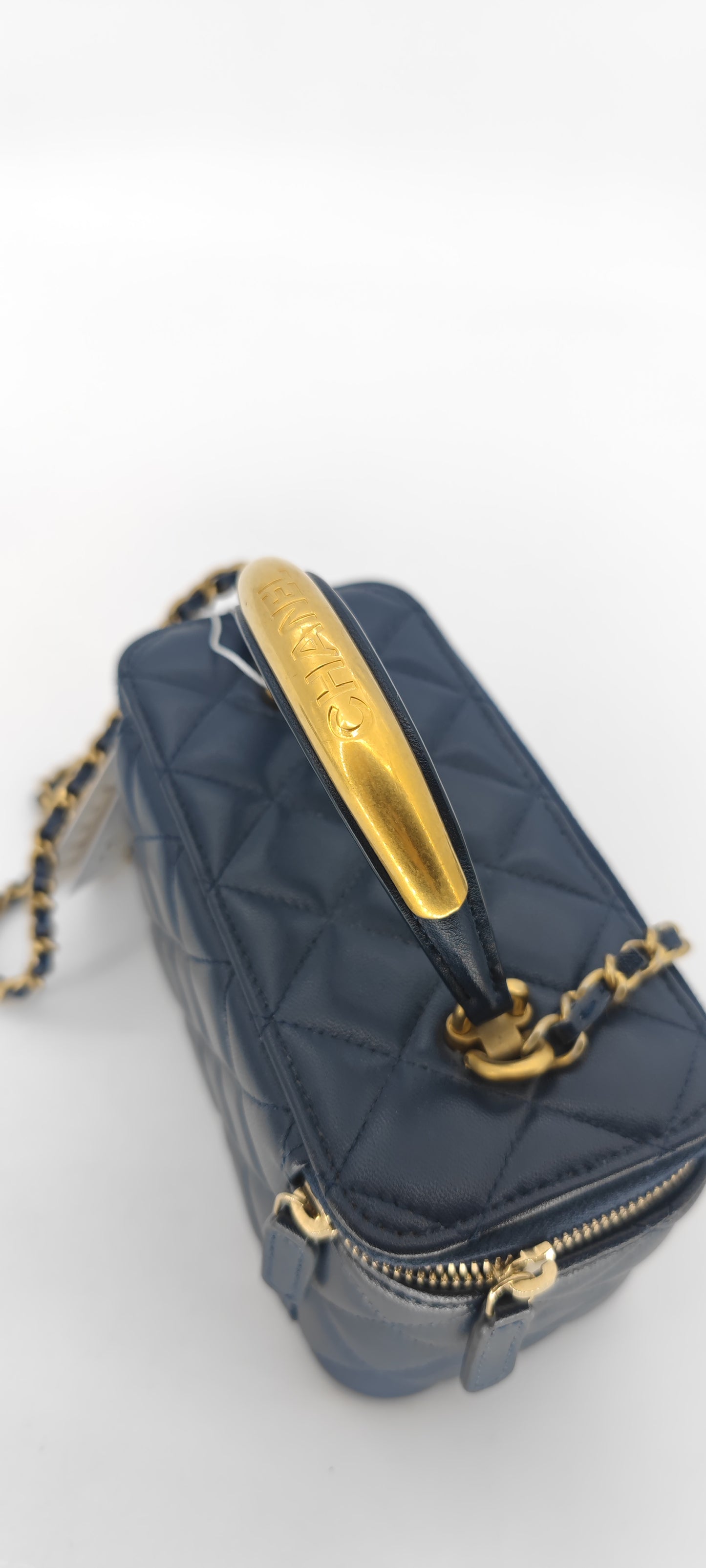 Chanel Navy Blue Lambskin Vanity with Top Handle GHW