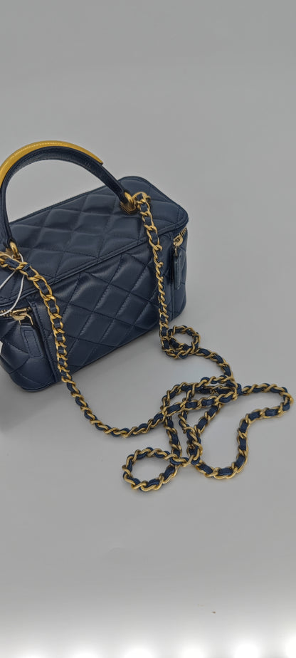 Chanel Navy Blue Lambskin Vanity with Top Handle GHW