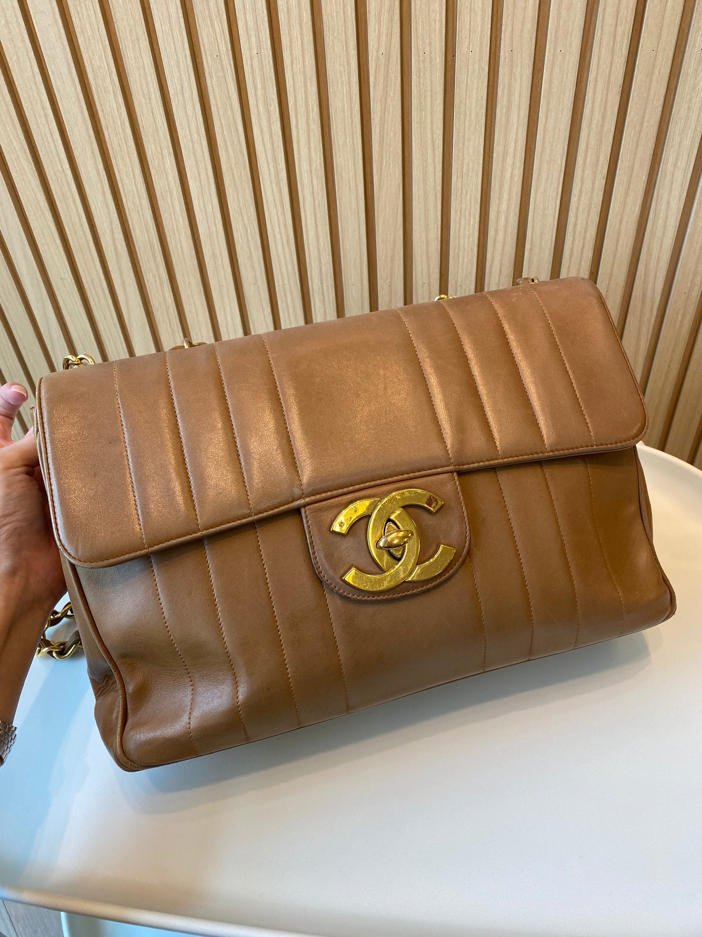 Chanel Caramel Lambskin Big CC Vertical Stitched Jumbo Flap Bag 30cm (GHW)