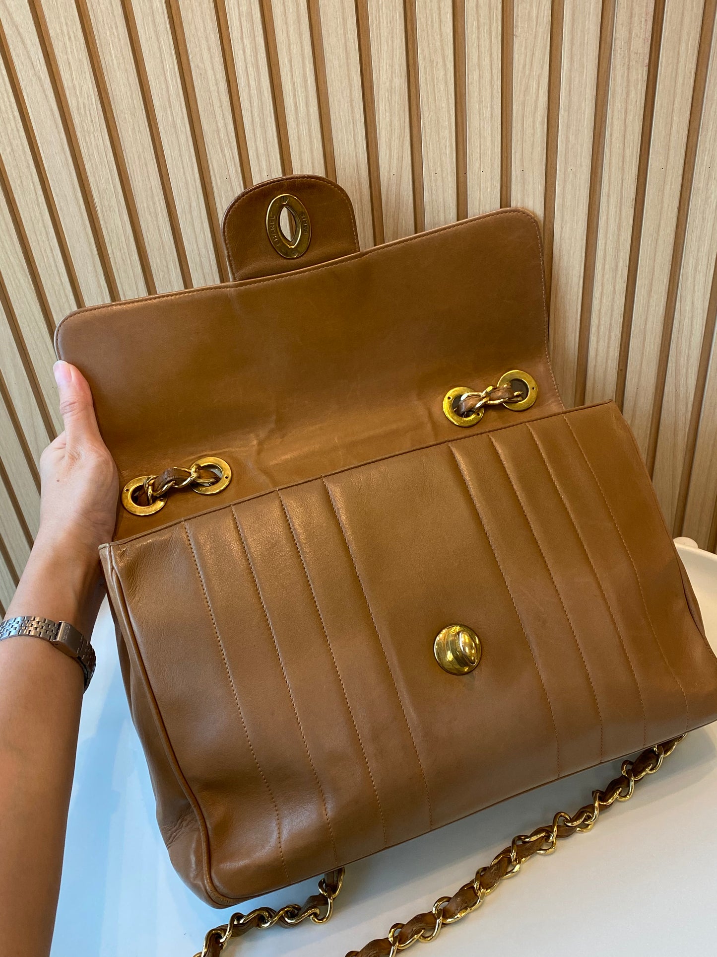 Chanel Caramel Lambskin Big CC Vertical Stitched Jumbo Flap Bag 30cm (GHW)