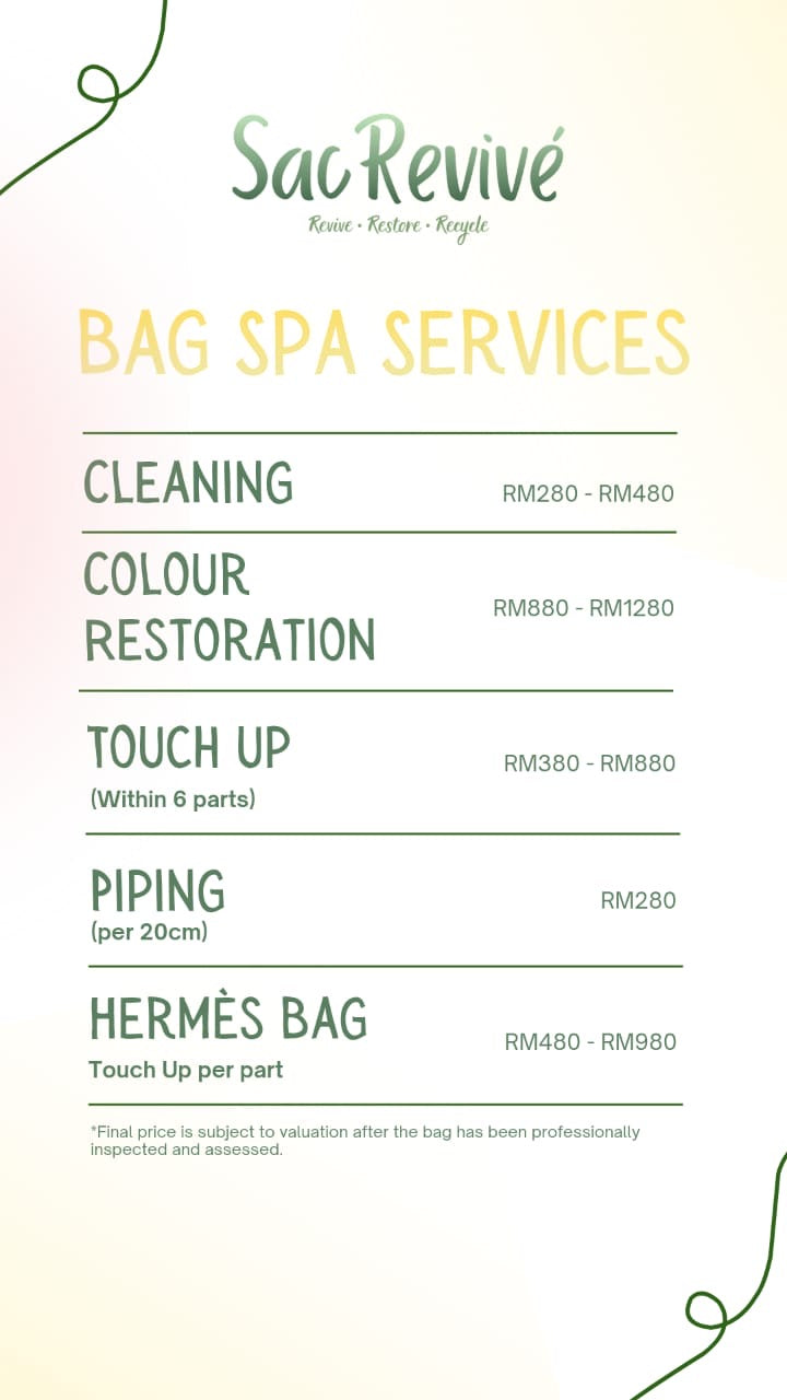 A service menu graphic for Sac Revivé Bag Spa Services, listing treatments such as Cleaning, Colour Restoration, Touch Up, Piping, and Hermés Bag Touch Up per part with pricing in Malaysian Ringgit.