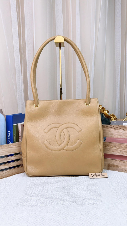 Chanel Beige Caviar Vintage Timeless Shoulder Tote GHW