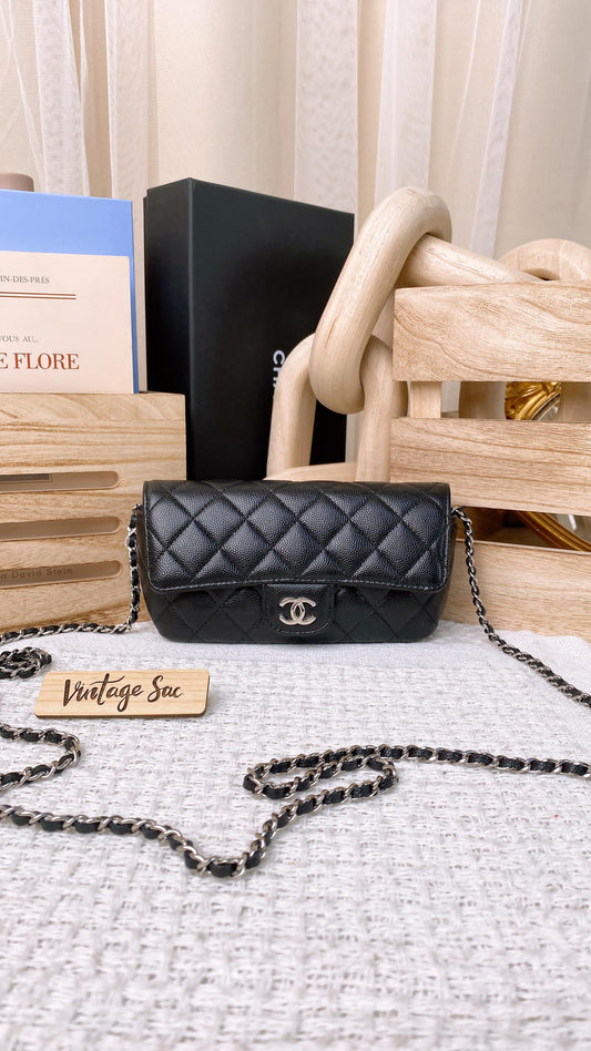 Chanel Black Classic Glasses Case w Chain (SHW)