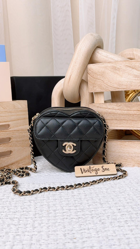 Chanel Black Lambskin Heart Clutch with Chain LGHW