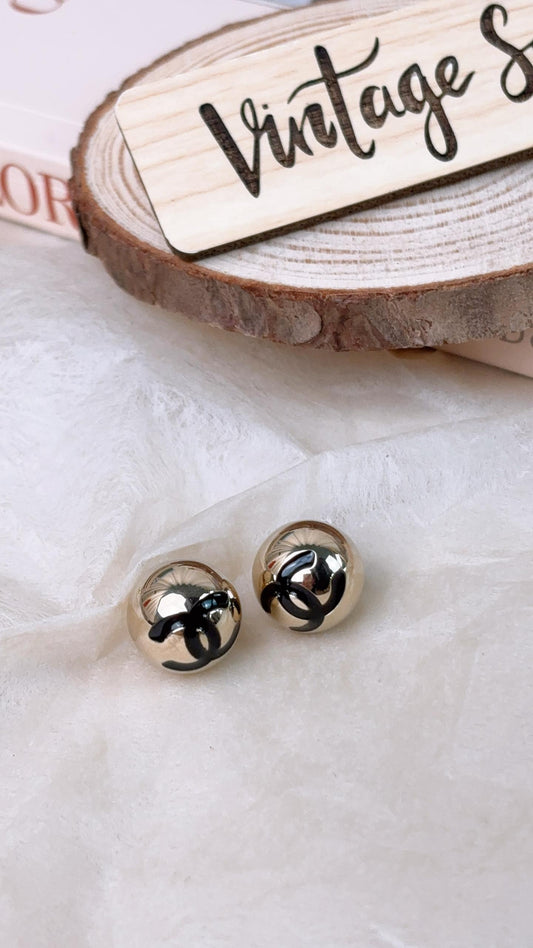 Chanel Light Gold Black Enamel Round CC Earrings