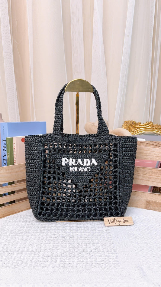 Prada Black Raffia Triangle Logo Tote