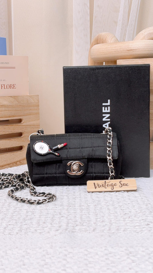 Chanel Black Satin Mini Lipstick Chocolate Bar Flap (SHW)