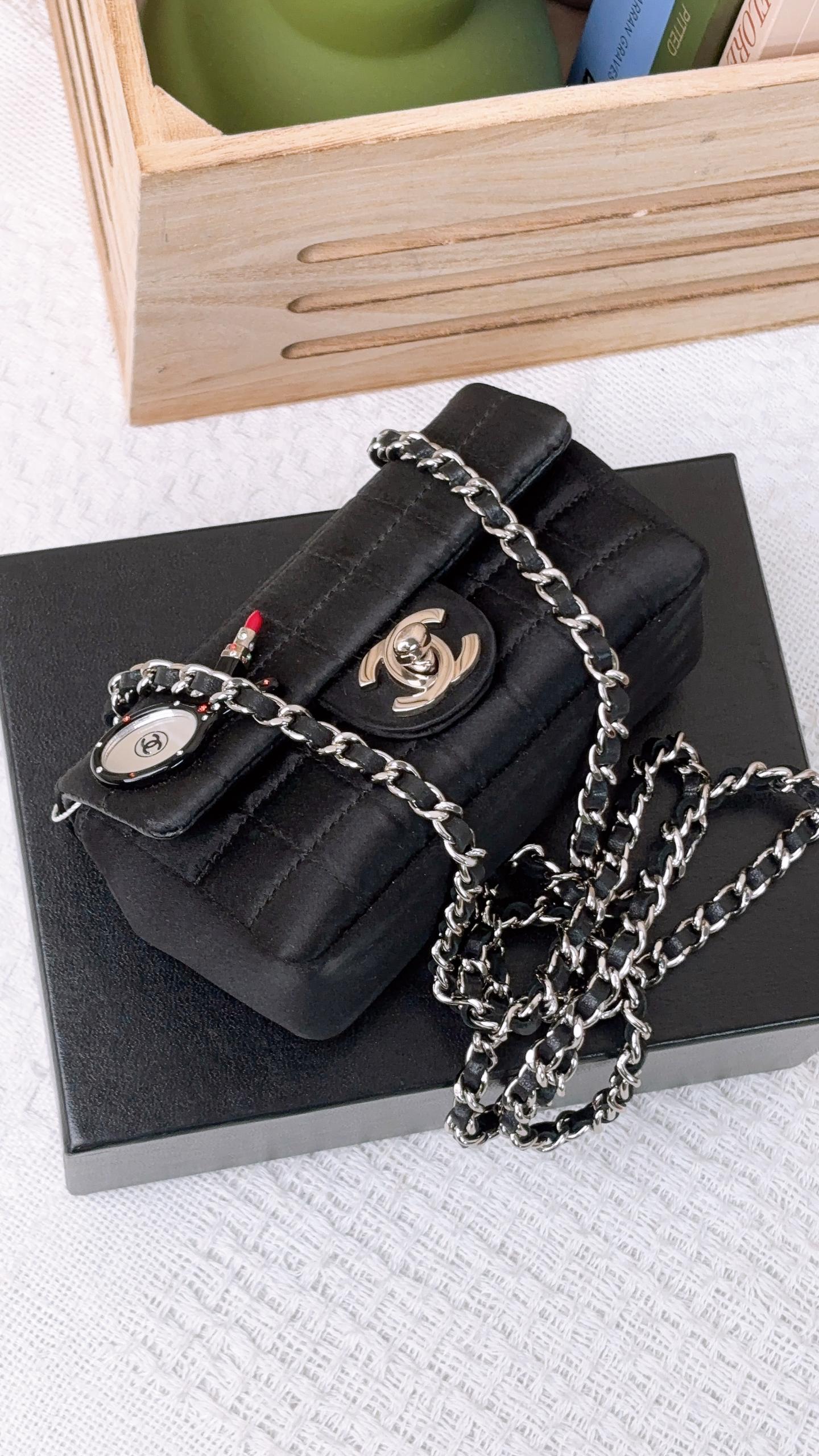 Chanel Black Satin Mini Lipstick Chocolate Bar Flap (SHW)