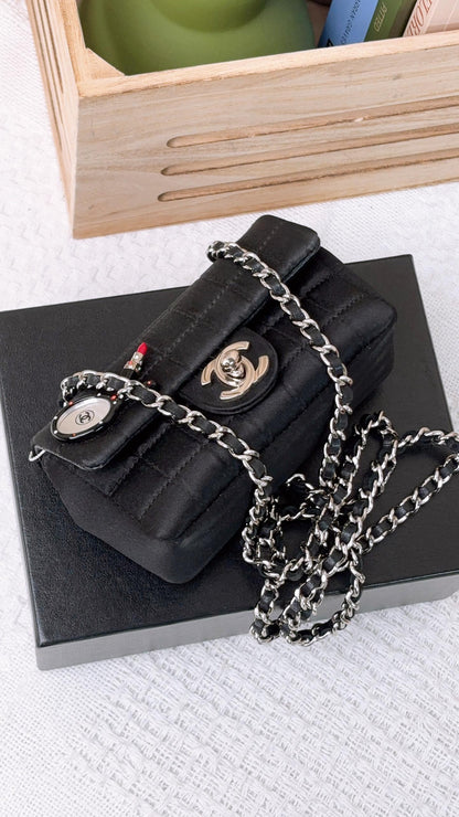 Chanel Black Satin Mini Lipstick Chocolate Bar Flap (SHW)