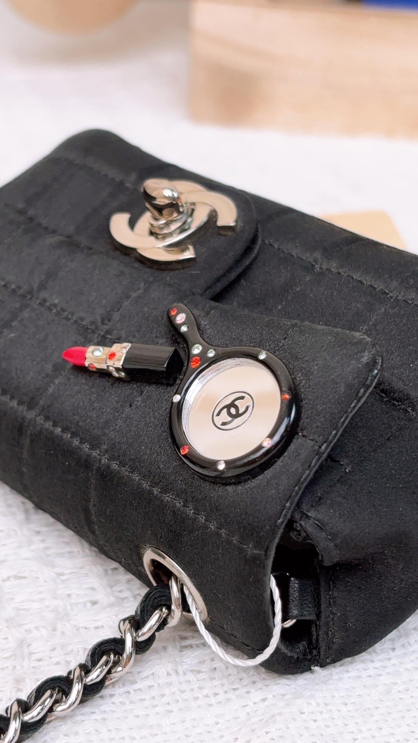 Chanel Black Satin Mini Lipstick Chocolate Bar Flap (SHW)