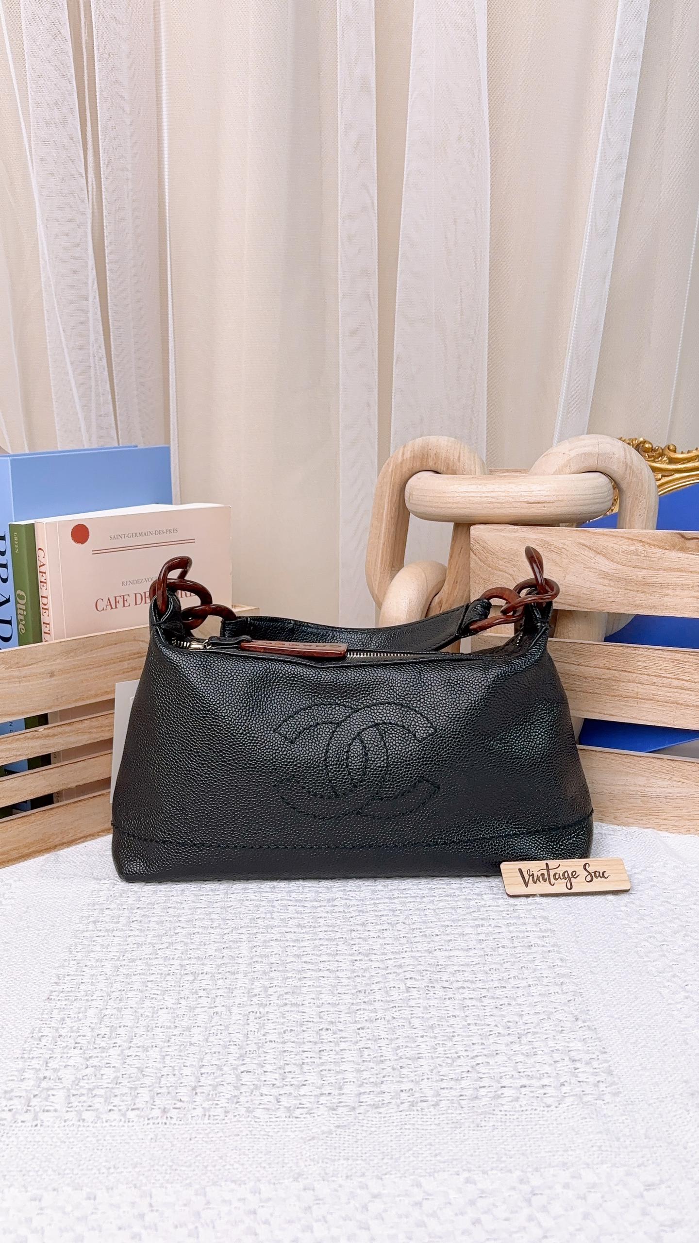 Chanel Black Caviar CC Wood Chain Hobo