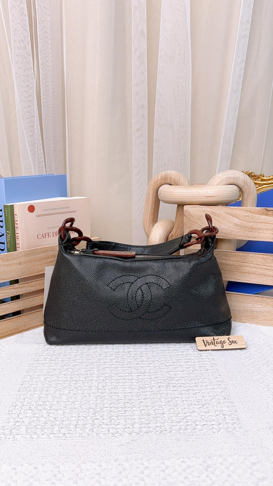 Chanel Black Caviar CC Wood Chain Hobo