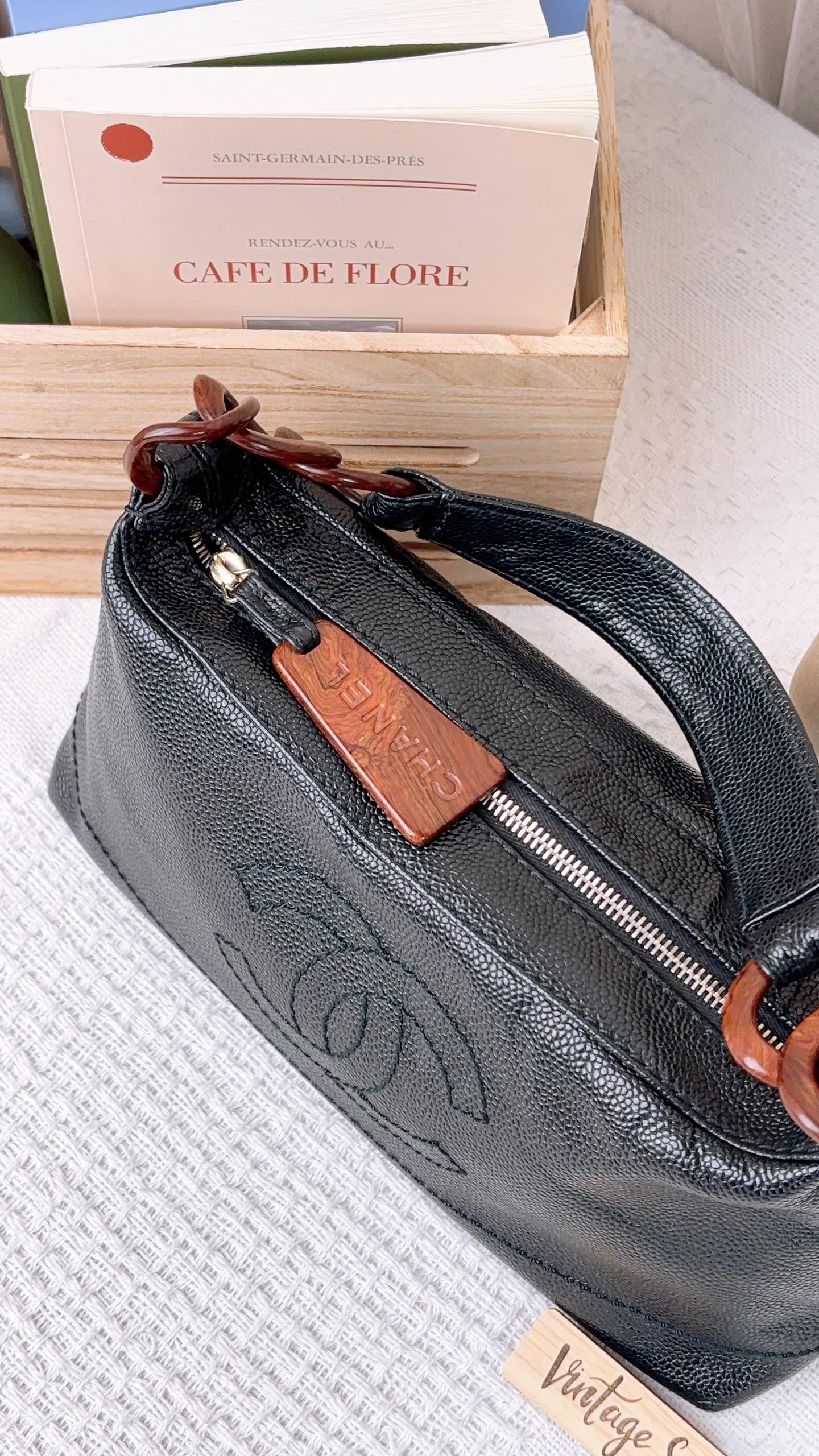 Chanel Black Caviar CC Wood Chain Hobo