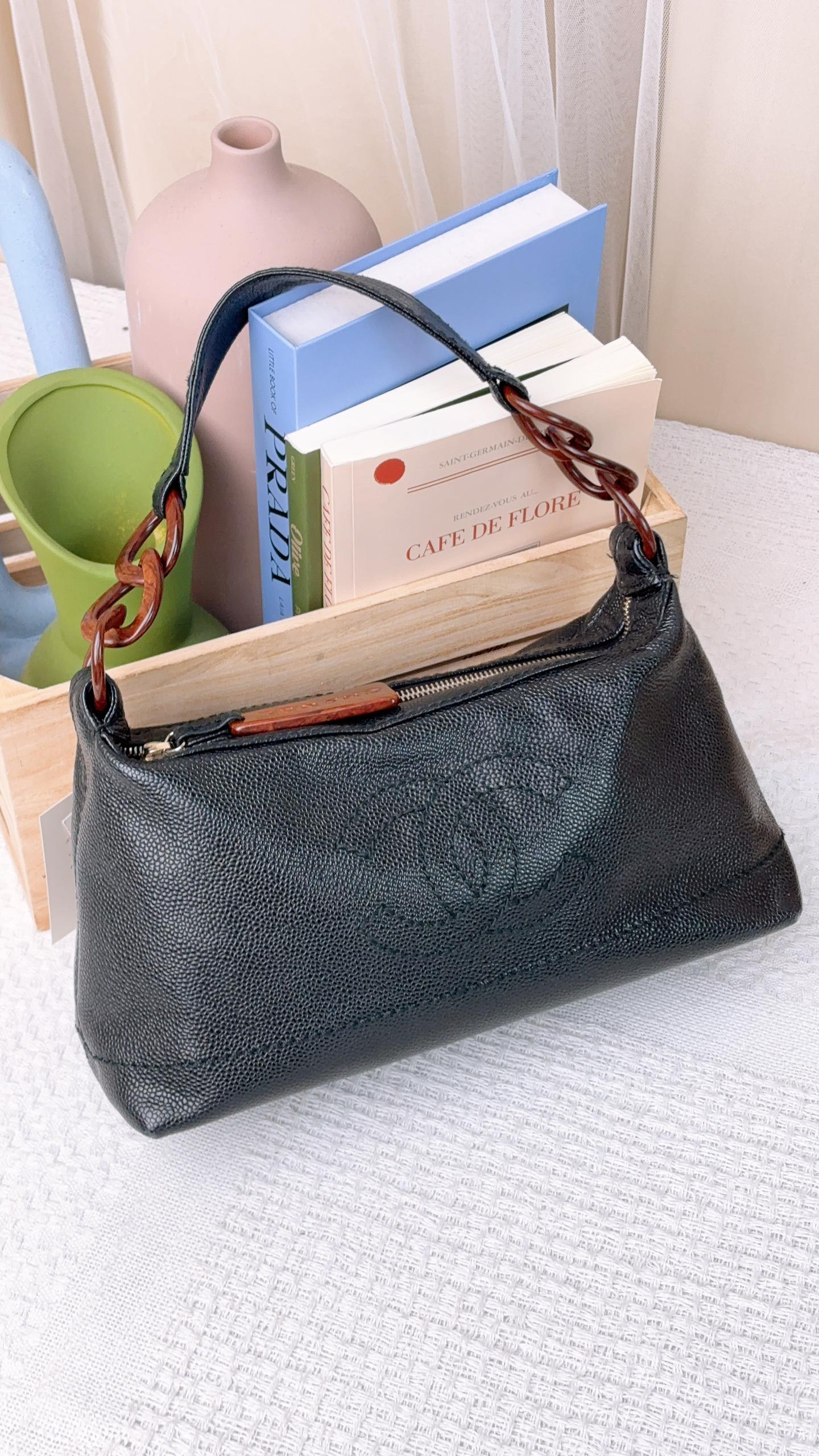 Chanel Black Caviar CC Wood Chain Hobo