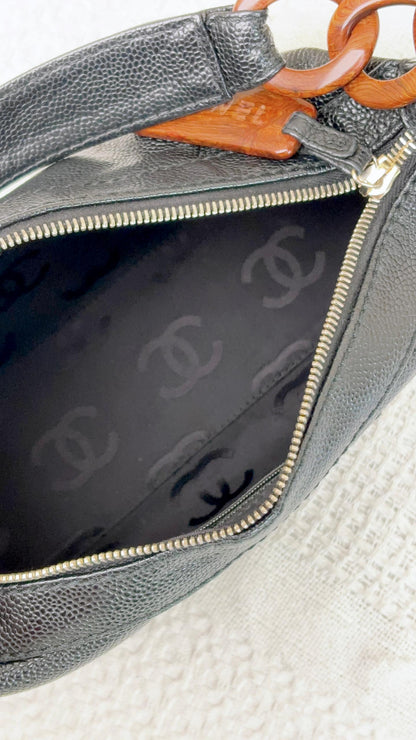 Chanel Black Caviar CC Wood Chain Hobo