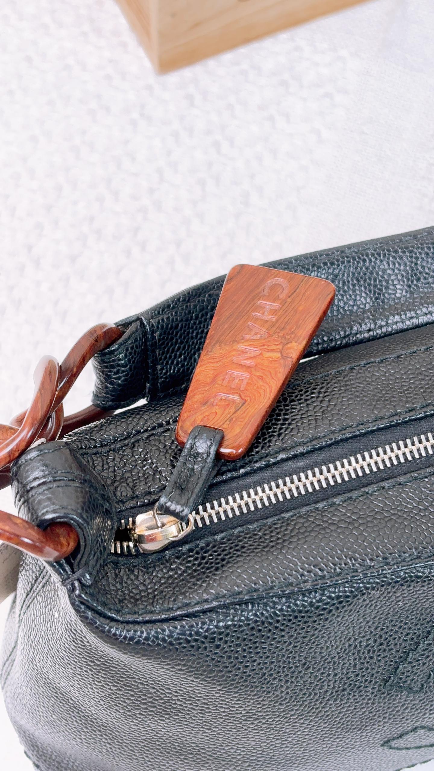 Chanel Black Caviar CC Wood Chain Hobo