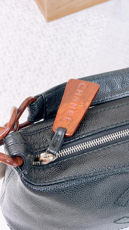 Chanel Black Caviar CC Wood Chain Hobo