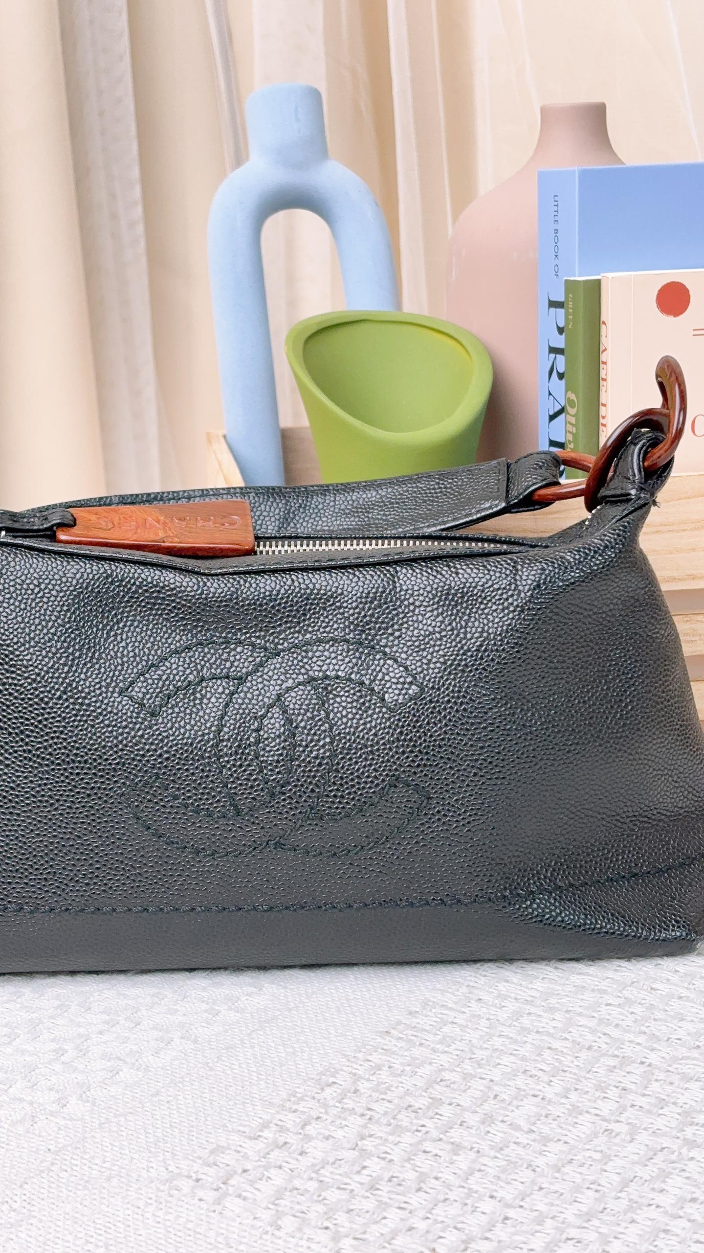 Chanel Black Caviar CC Wood Chain Hobo