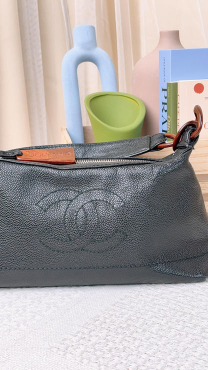 Chanel Black Caviar CC Wood Chain Hobo