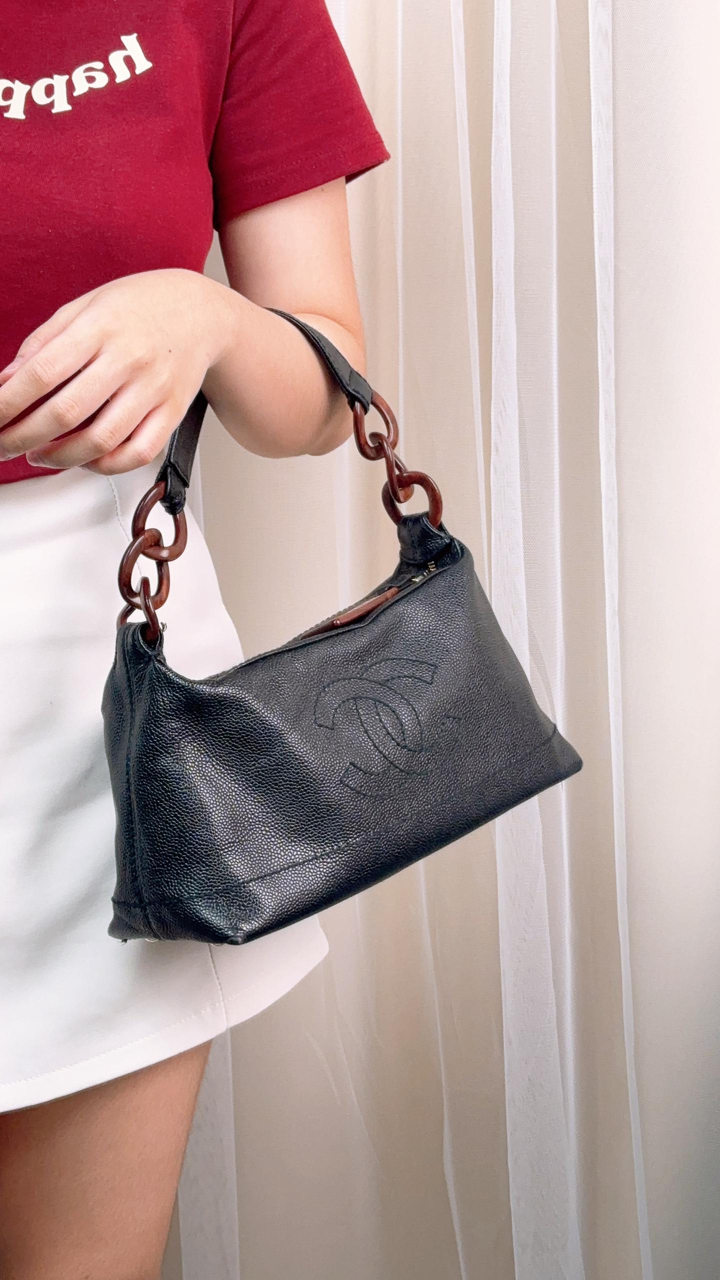 Chanel Black Caviar CC Wood Chain Hobo