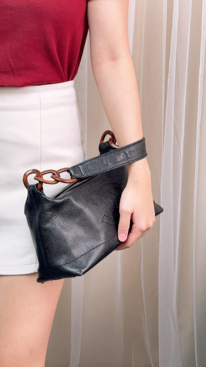 Chanel Black Caviar CC Wood Chain Hobo