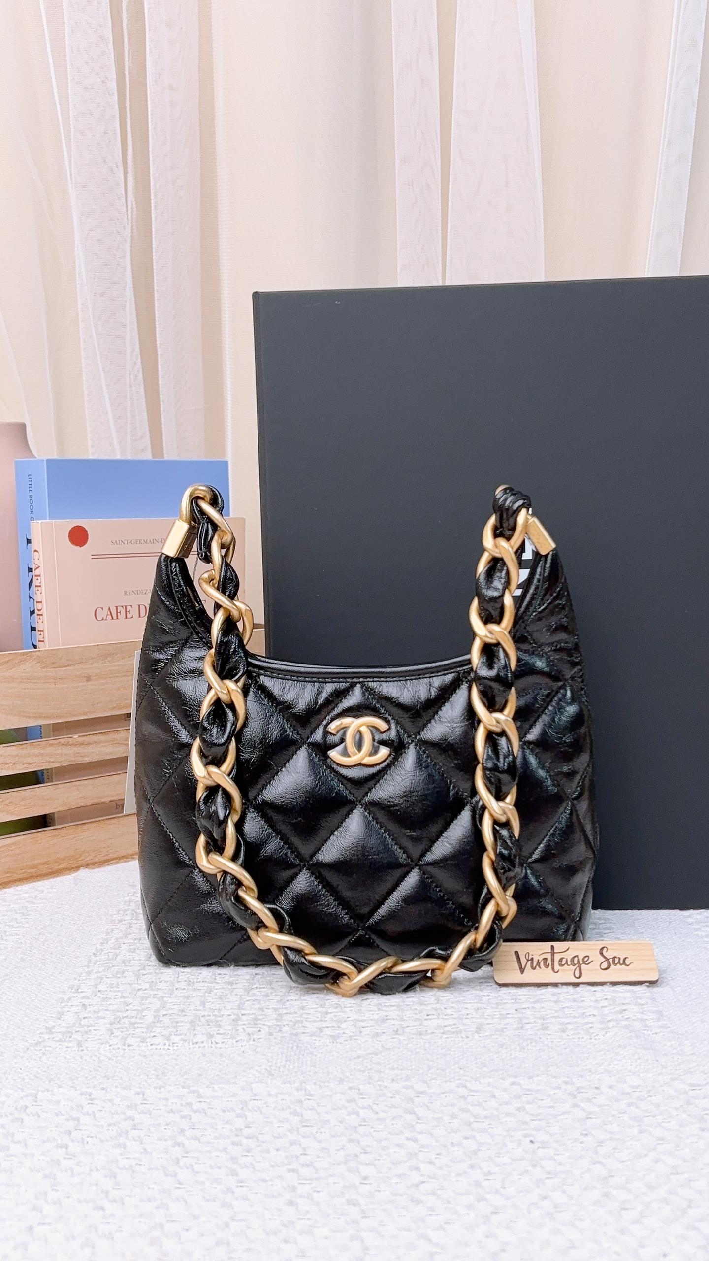 Chanel Black Shiny Lambskin 24A Small Hobo