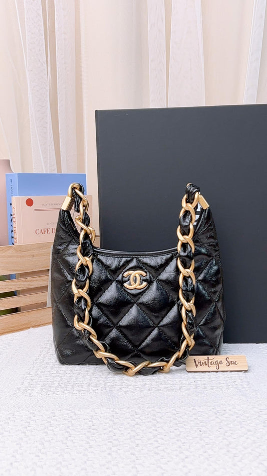 Chanel Black Shiny Lambskin 24A Small Hobo