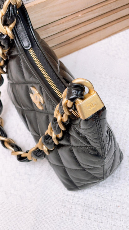 Chanel Black Shiny Lambskin 24A Small Hobo