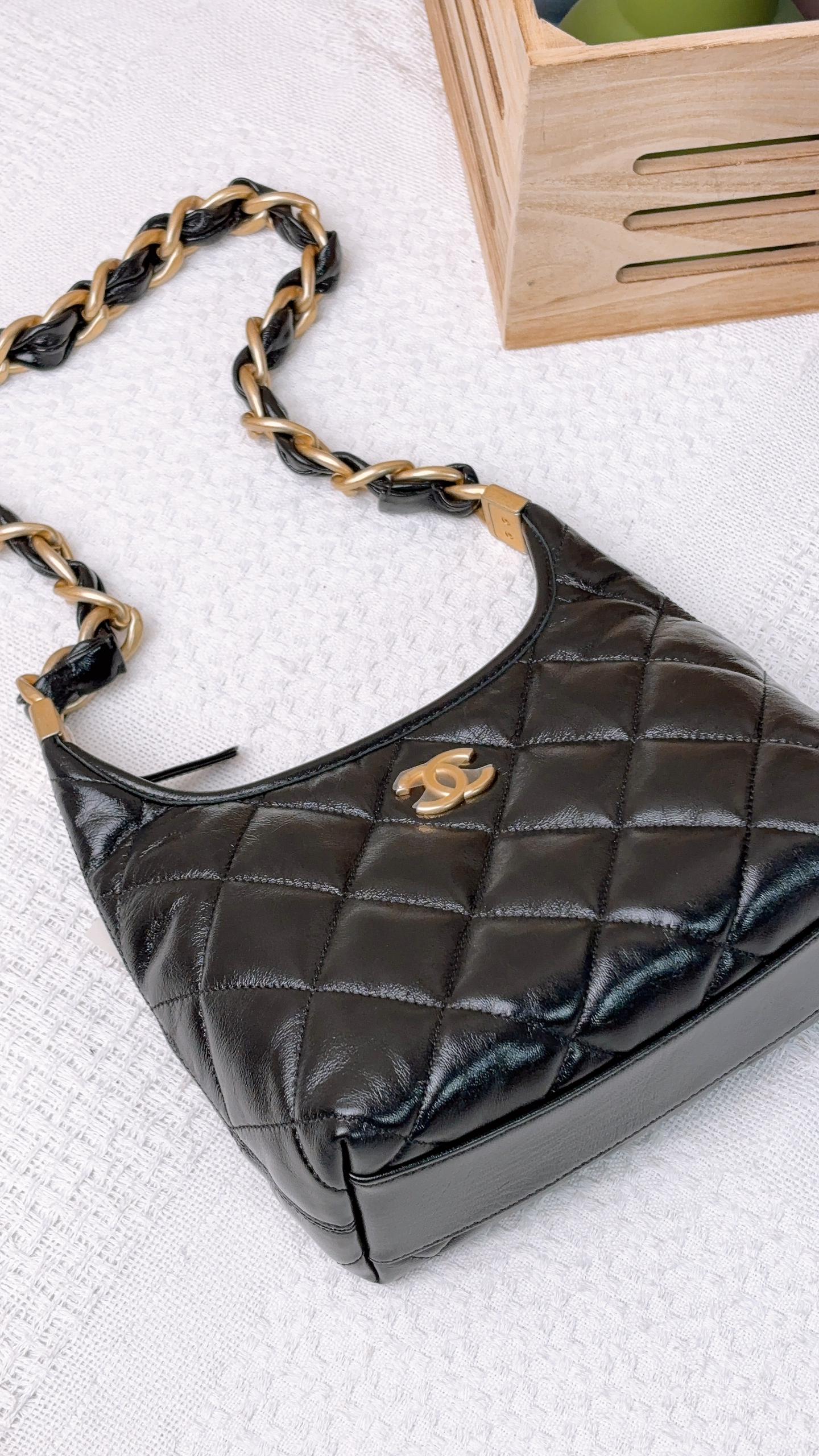 Chanel Black Shiny Lambskin 24A Small Hobo