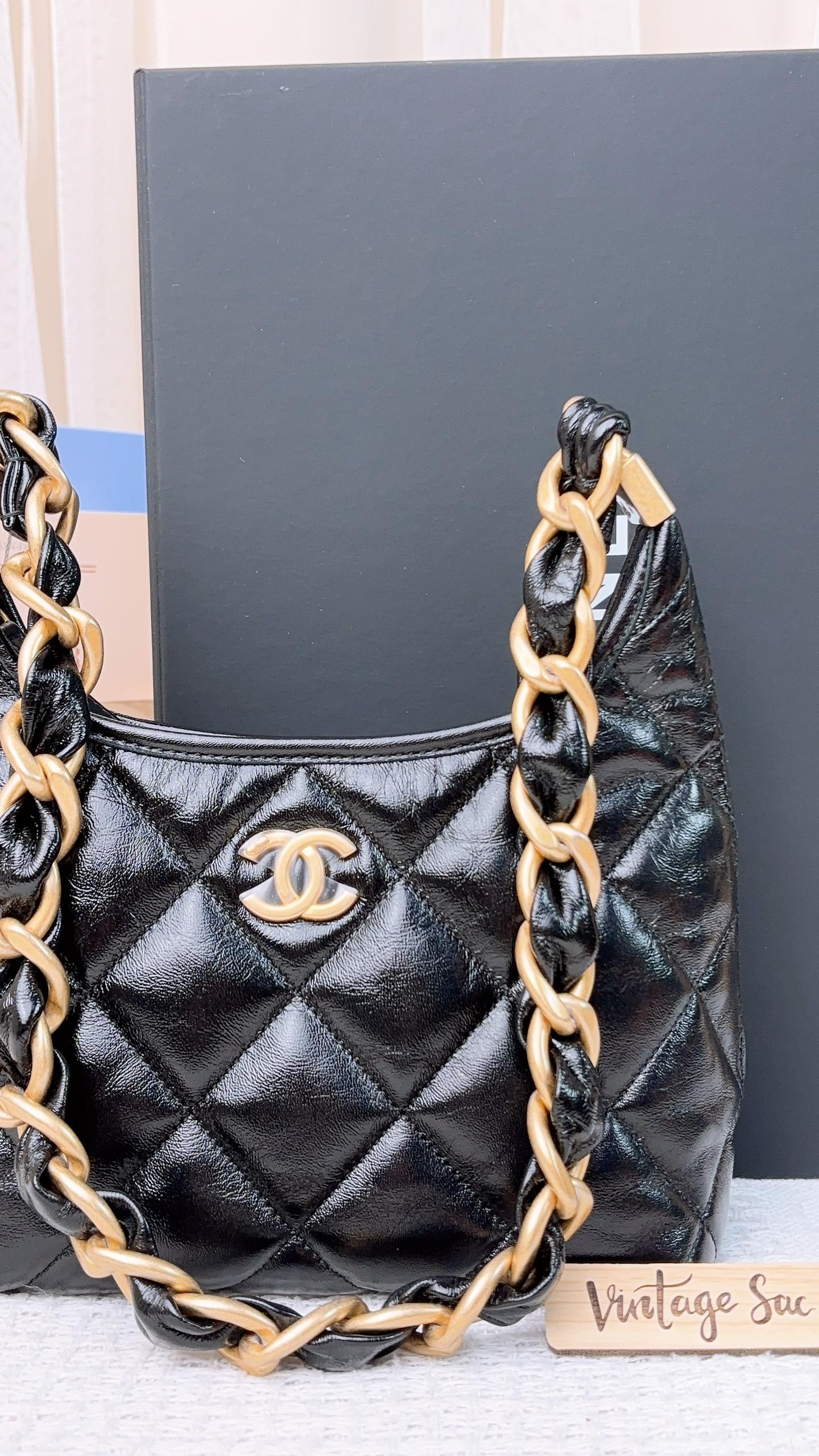 Chanel Black Shiny Lambskin 24A Small Hobo