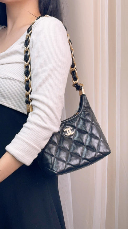 Chanel Black Shiny Lambskin 24A Small Hobo