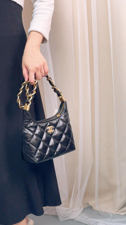 Chanel Black Shiny Lambskin 24A Small Hobo