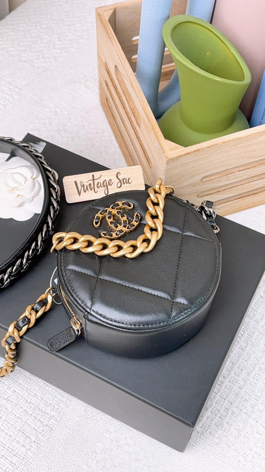 Chanel Black Lambskin Round 19 Clutch on Chain