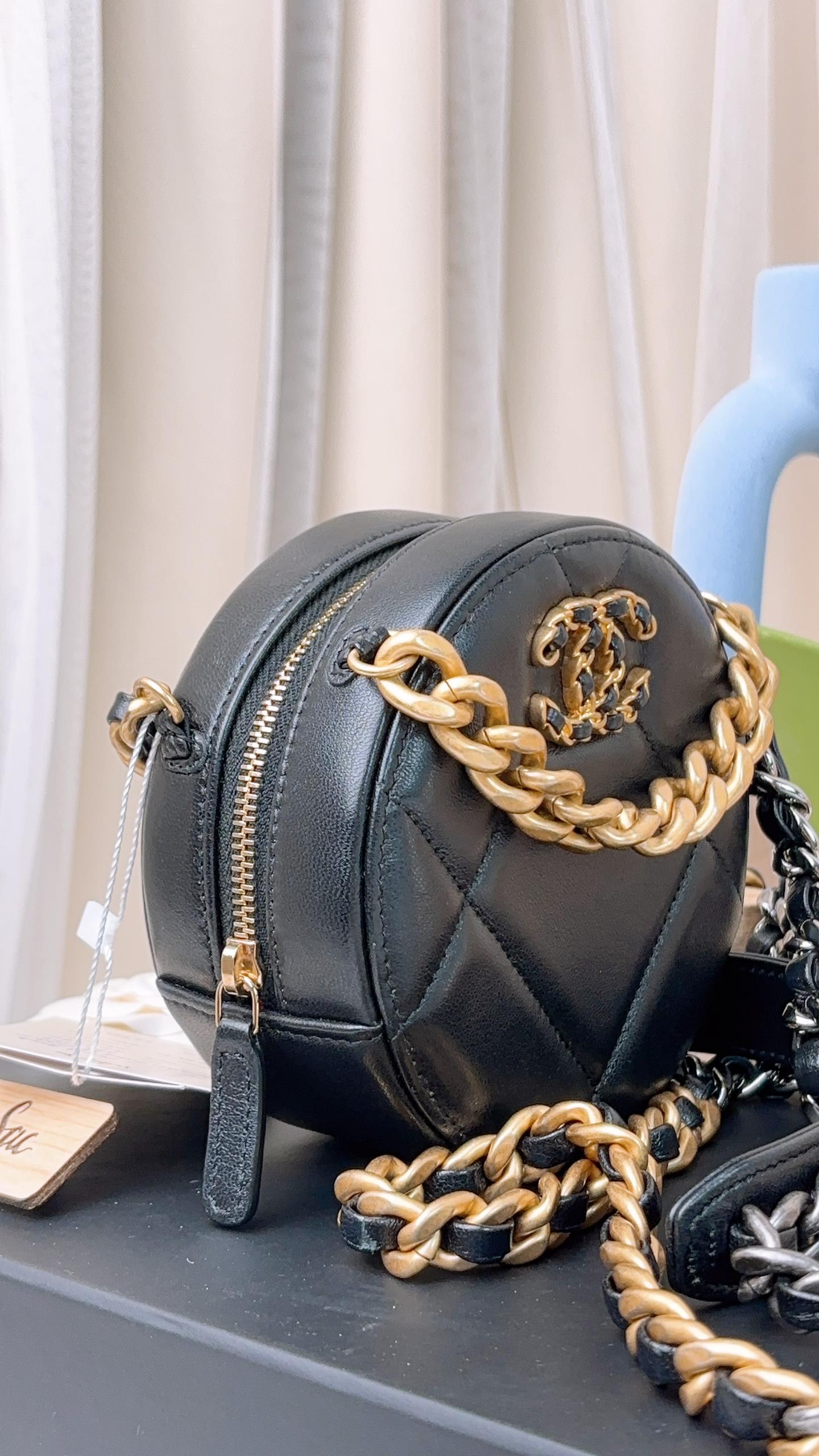 Chanel Black Lambskin Round 19 Clutch on Chain