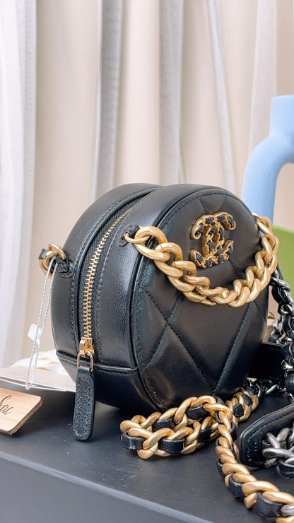 Chanel Black Lambskin Round 19 Clutch on Chain