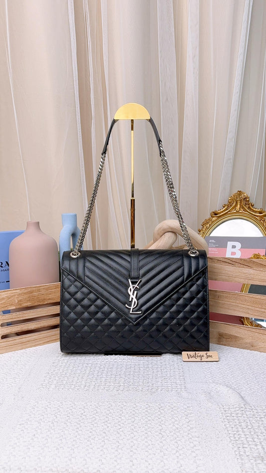 YSL Black Grain De Poudre Large Envelope Bag (SHW)