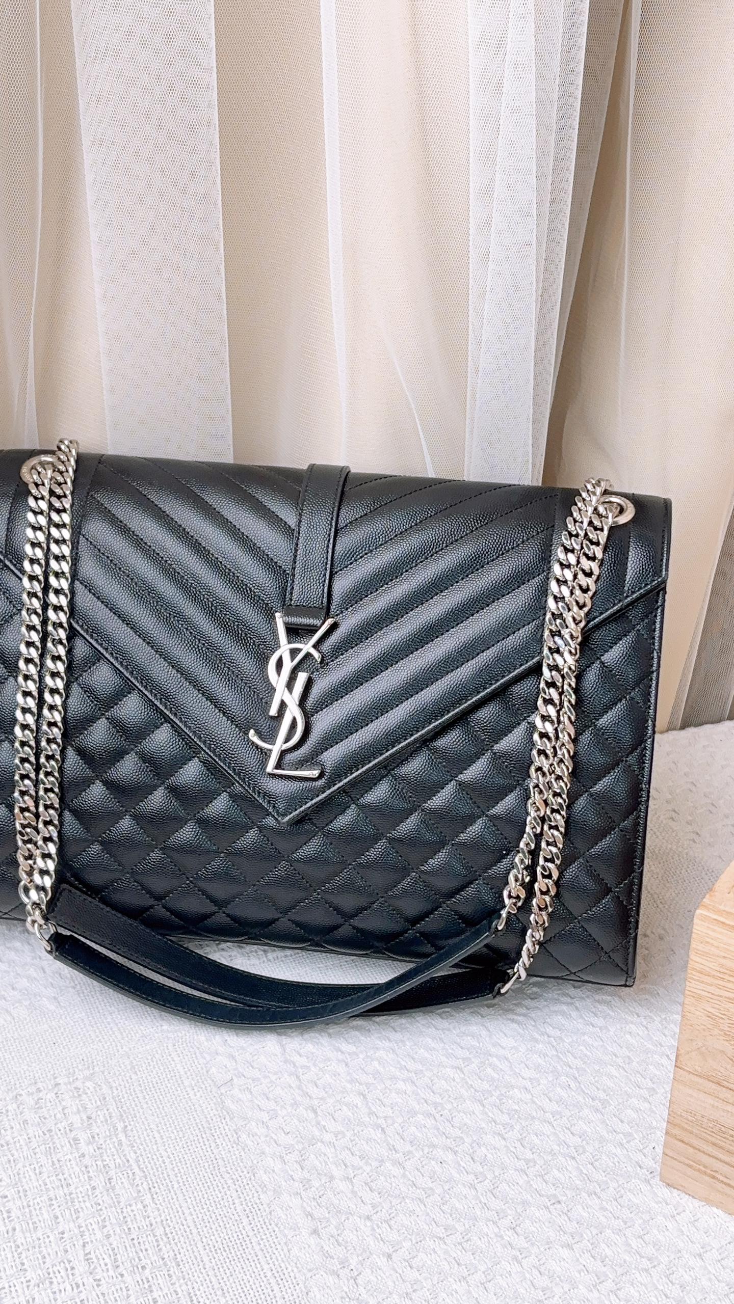 YSL Black Grain De Poudre Large Envelope Bag (SHW)