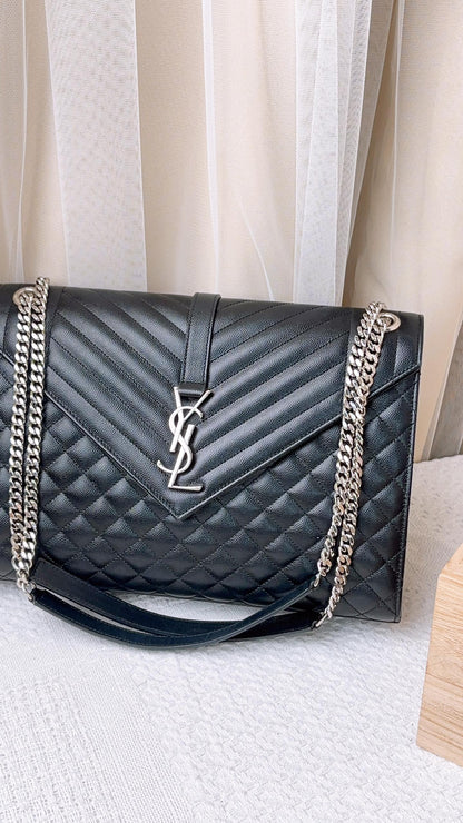 YSL Black Grain De Poudre Large Envelope Bag (SHW)