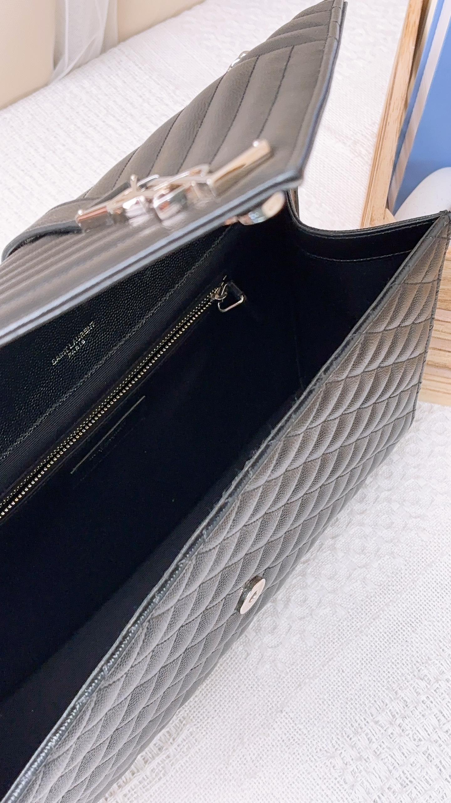 YSL Black Grain De Poudre Large Envelope Bag (SHW)