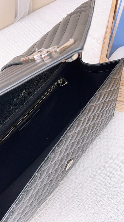 YSL Black Grain De Poudre Large Envelope Bag (SHW)